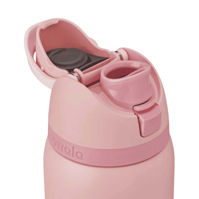 Top view of the 32oz Owala FreeSip Water Bottle in Rose Quartz with lid flipped open, showing spout and straw.