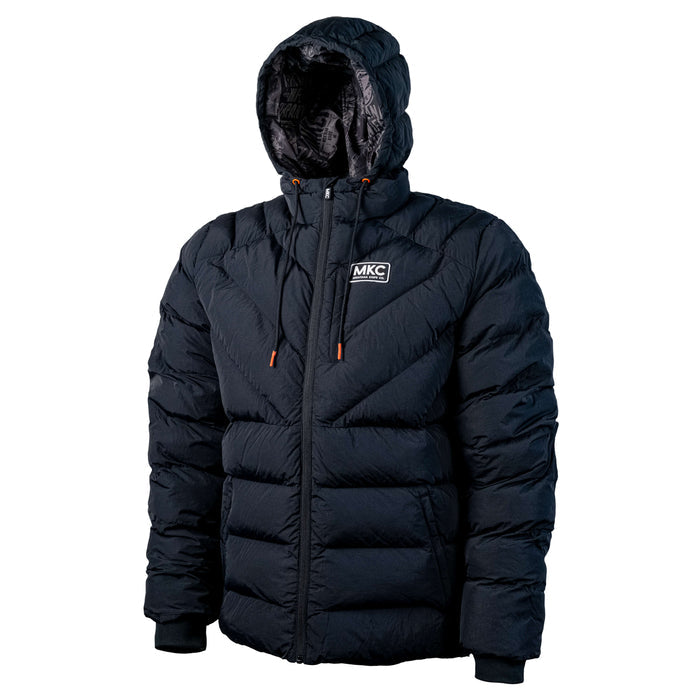 Black Grinnell Puffy Zip Jacket featuring a hood, zip closure, and MKC logo, designed for warmth and outdoor activities.