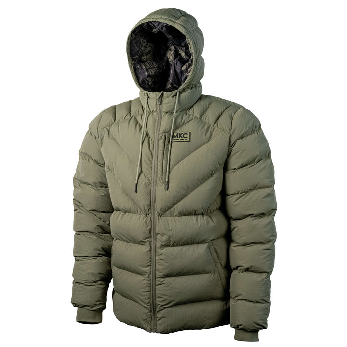 Olive green puffy zip jacket with hood, featuring a logo on the chest, designed for warmth and outdoor use.