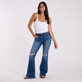 High-Rise Distressed Dark Wash Flare Jeans