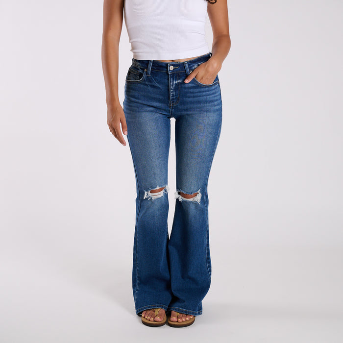 High-Rise Distressed Dark Wash Flare Jeans
