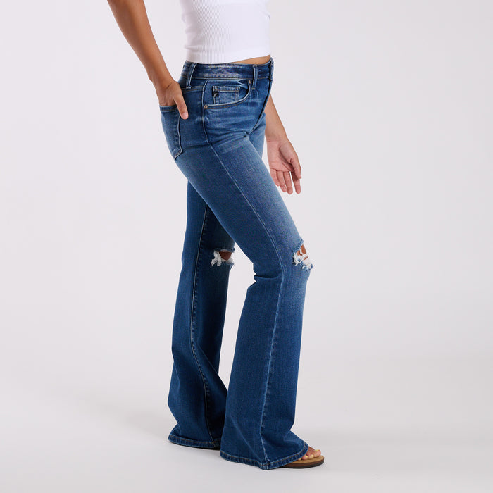 High-Rise Distressed Dark Wash Flare Jeans