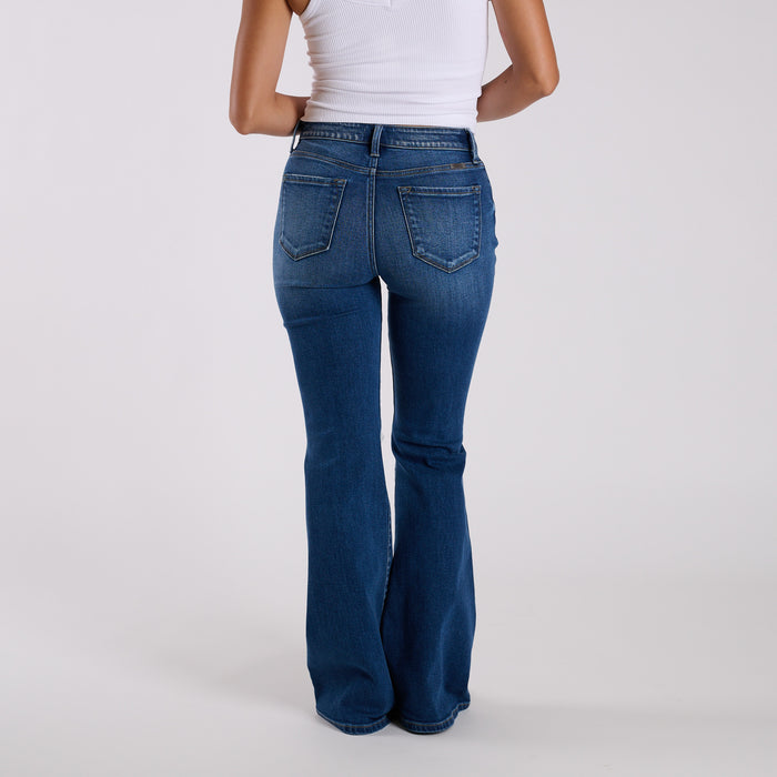 High-Rise Distressed Dark Wash Flare Jeans