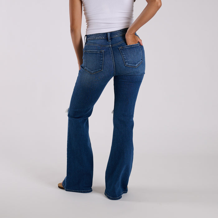 High-Rise Distressed Dark Wash Flare Jeans