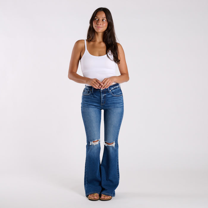 High-Rise Distressed Dark Wash Flare Jeans