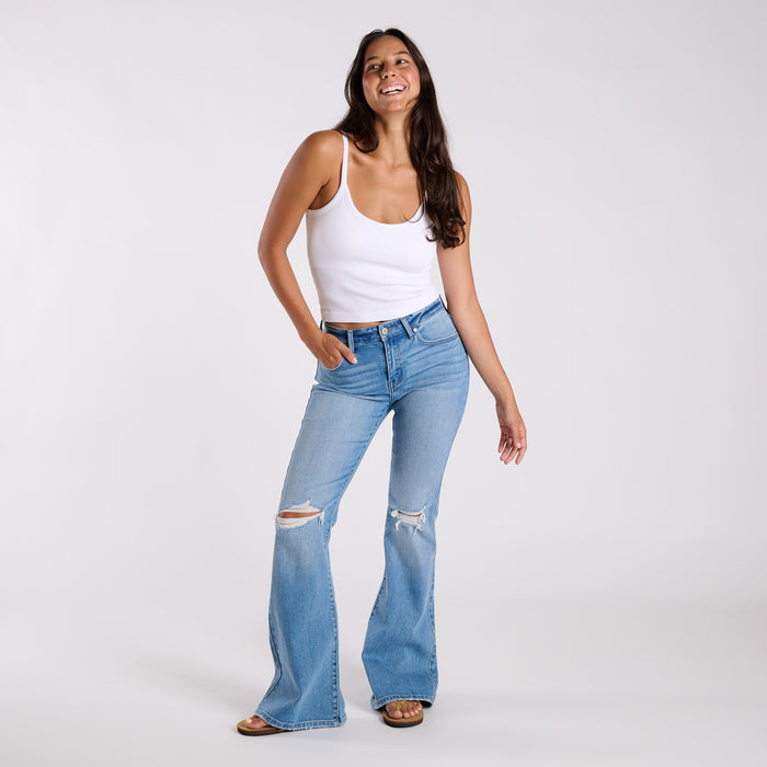 High-Rise Distressed Medium Wash Flare Jeans