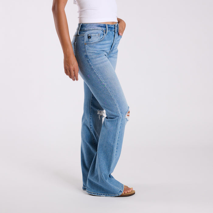 High-Rise Distressed Medium Wash Flare Jeans