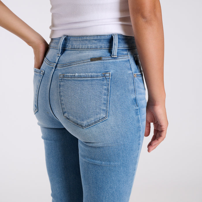 High-Rise Distressed Medium Wash Flare Jeans