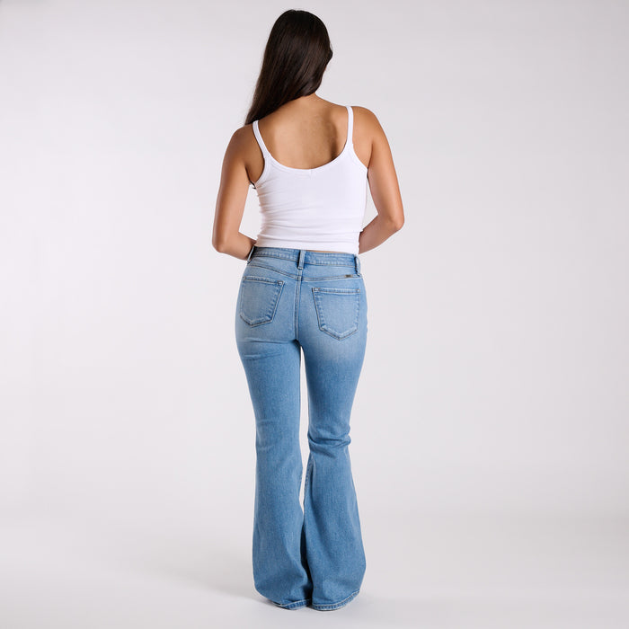 High-Rise Distressed Medium Wash Flare Jeans
