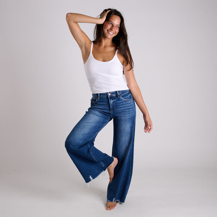 High Rise Raw Hem Wide Leg Dark Jeans