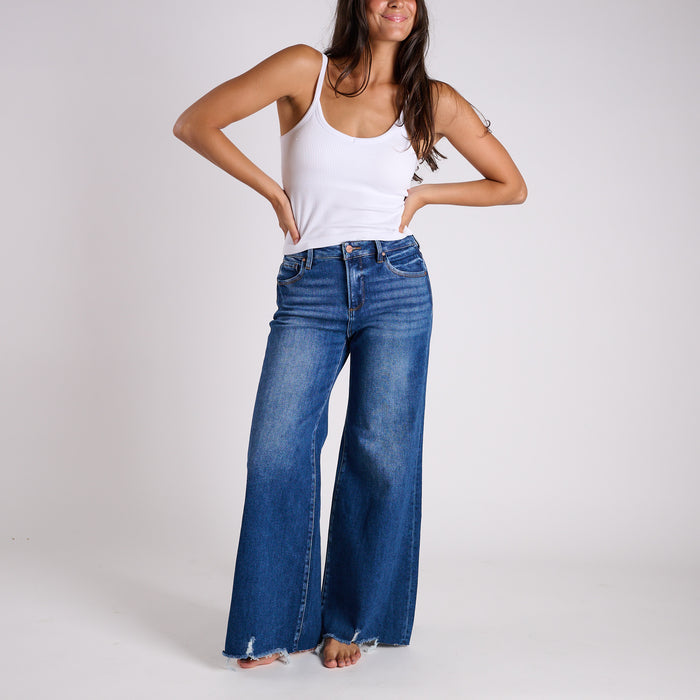High Rise Raw Hem Wide Leg Dark Jeans