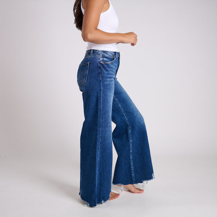 High Rise Raw Hem Wide Leg Dark Jeans