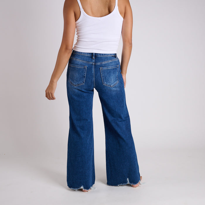 High Rise Raw Hem Wide Leg Dark Jeans