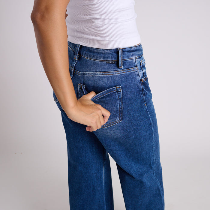 High Rise Raw Hem Wide Leg Dark Jeans