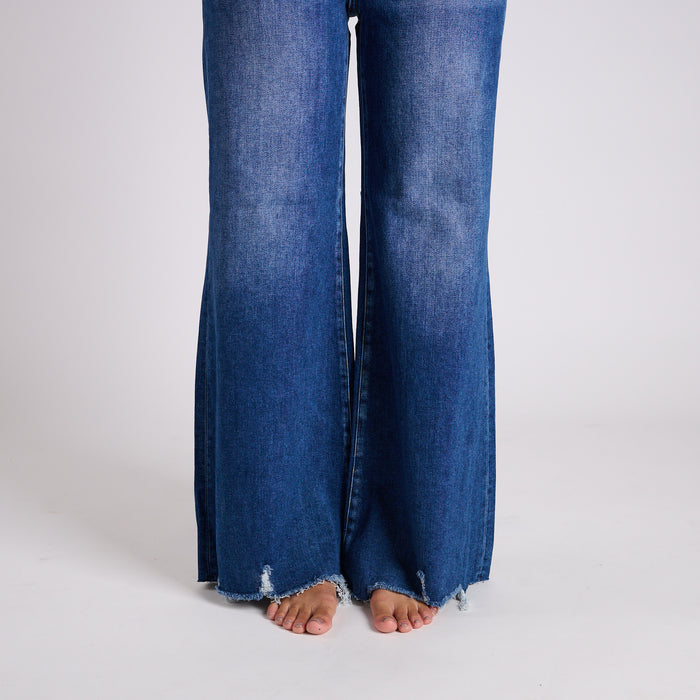 High Rise Raw Hem Wide Leg Dark Jeans