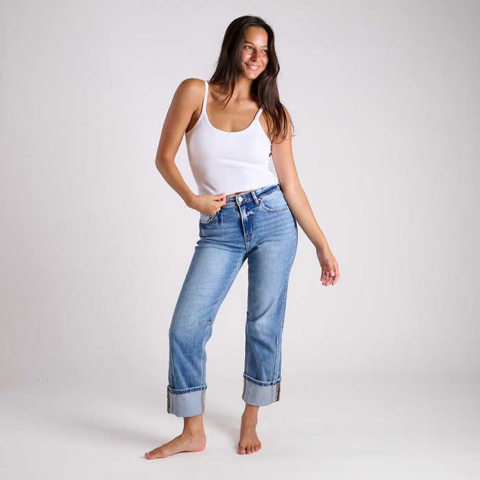 High Rise Straight Cuffed Hem Medium Wash Jeans