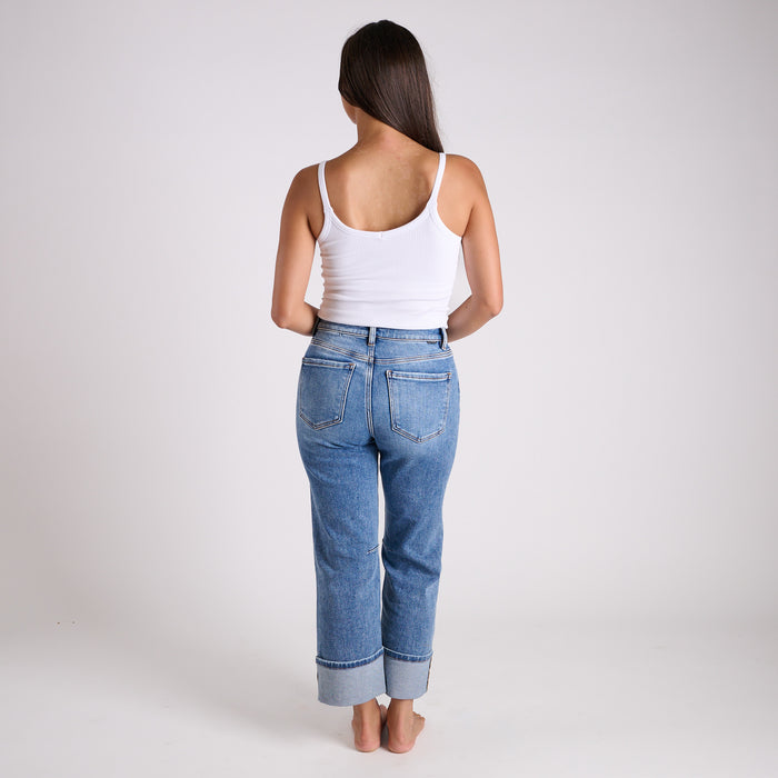 High Rise Straight Cuffed Hem Medium Wash Jeans