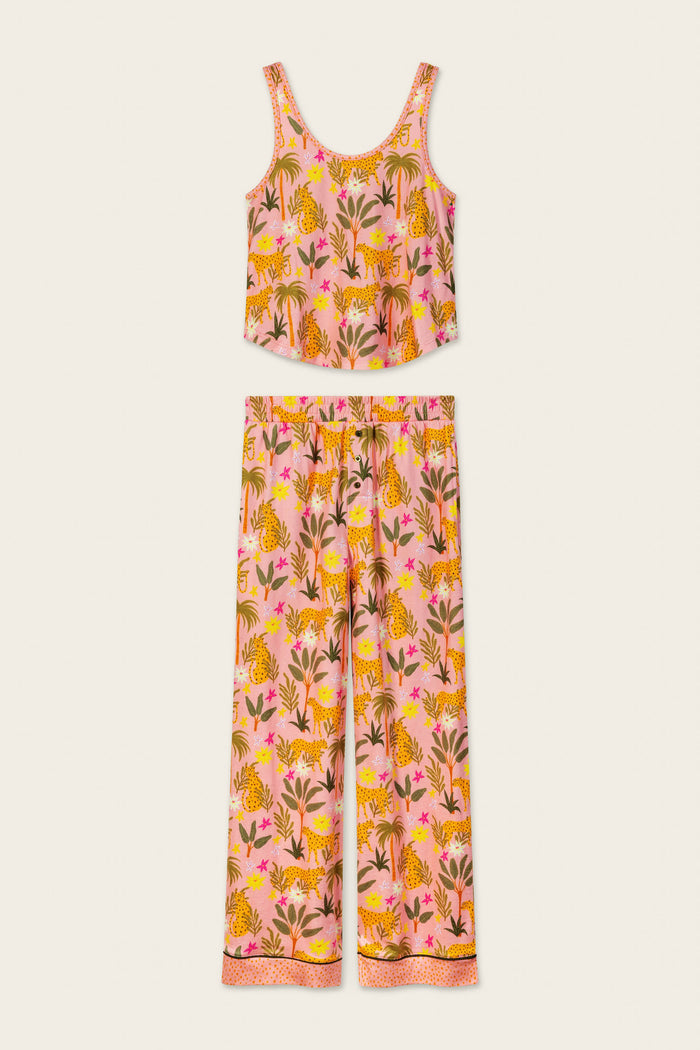 The P.J. Salvage In the Jungle Leopard Safari Long PJ Set features a sleeveless, cropped tank top and matching wide-leg pants with vibrant pink, orange, and yellow floral-tiger print—ideal for fans of soft jersey sleepwear.