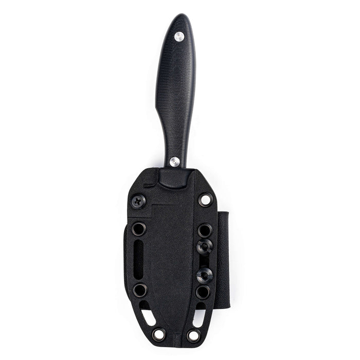 Black JACKSTONE knife with a sleek handle and durable sheath, designed for outdoor and tactical use.