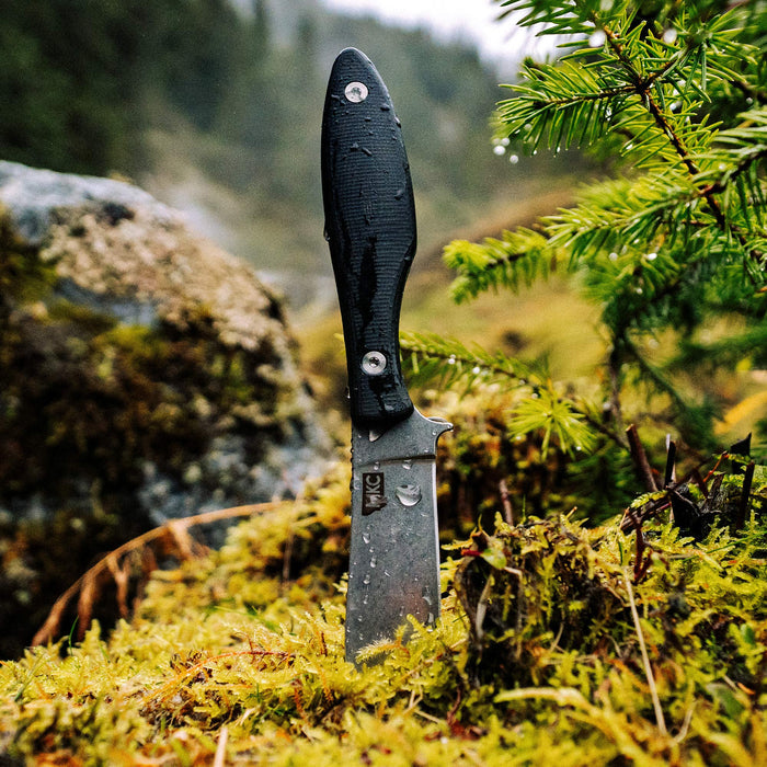 JACKSTONE knife in black handle resting on mossy ground with a blurred forest background, showcasing its rugged design.
