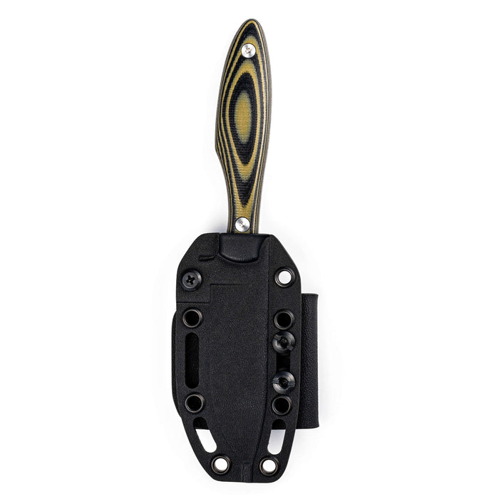 Jackstone knife in green and black with a textured handle, housed in a durable black sheath for secure storage.