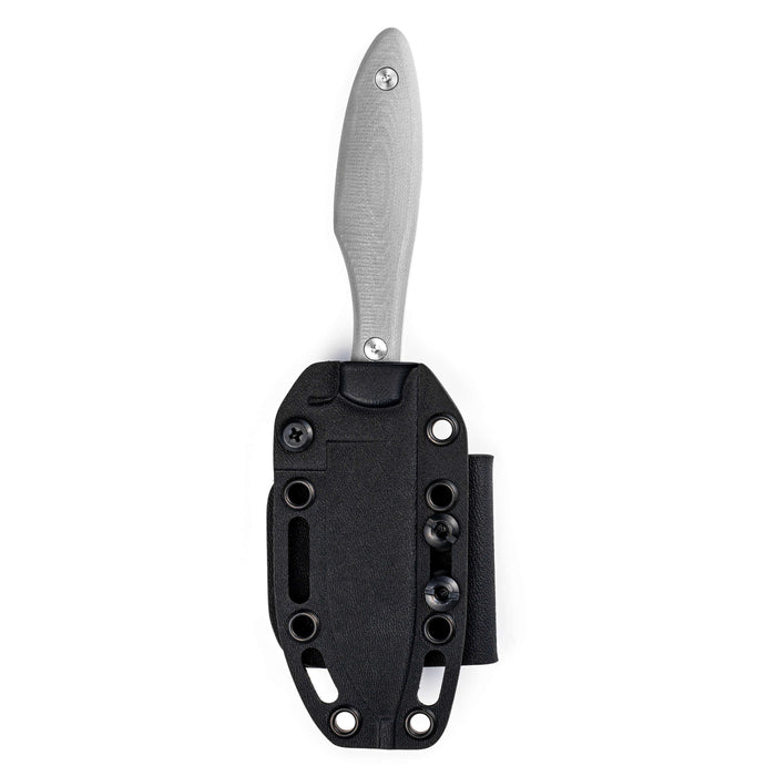 JACKSTONE knife in grey with a sleek handle and durable black sheath, designed for outdoor and tactical use.