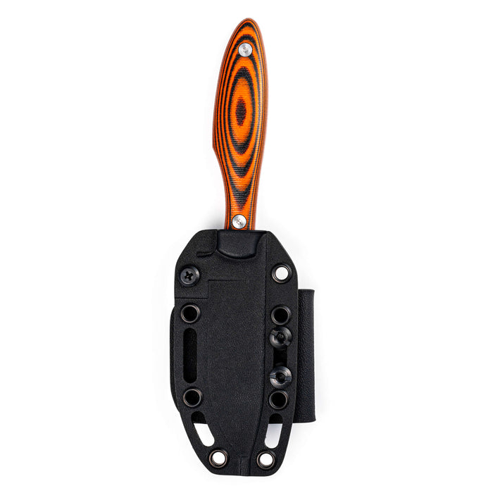 JACKSTONE knife featuring an orange and black handle with a durable black sheath, designed for outdoor and tactical use.