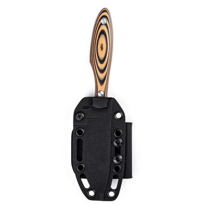 JACKSTONE knife in tan and black with a patterned handle, secured in a black sheath for easy carry and access.