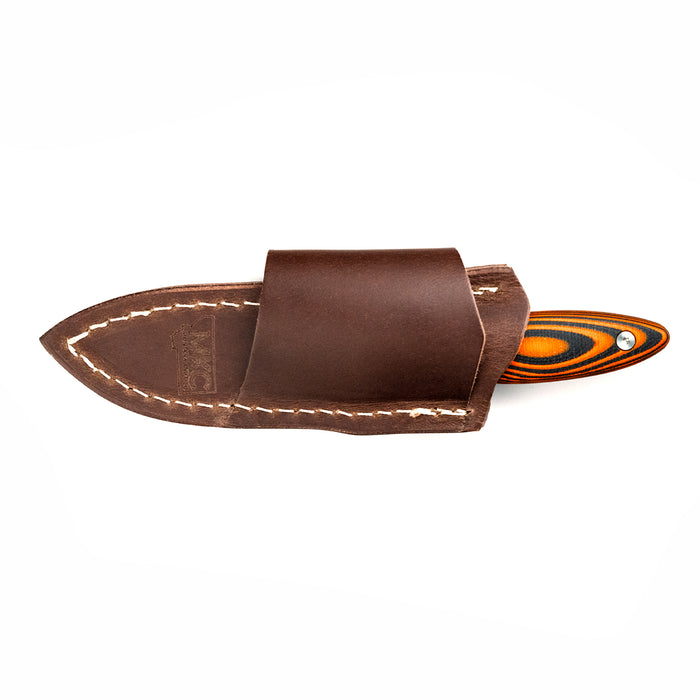 Horizontal belt carry leather sheath for Jackstone knife, featuring durable brown leather and secure stitching.