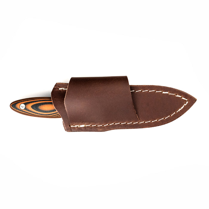 Horizontal leather sheath for Jackstone knife, designed for belt carry, featuring durable stitching and a sleek brown finish.