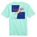 Local Girl Outfitters island reef tee with distressed back graphic featuring navy and blue blocks, coral text, and two coral dogs facing a yellow sun.