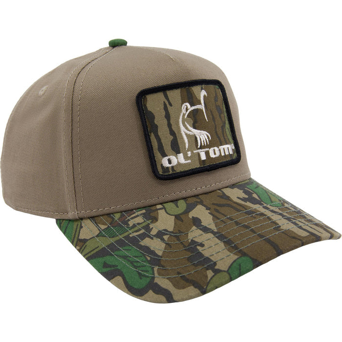 Beige and camouflage baseball cap with a logo on a white background
