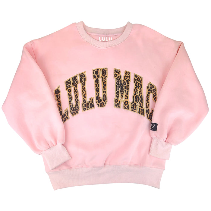 Lulu Mac Leopard Embroidered Crew in Light Pink