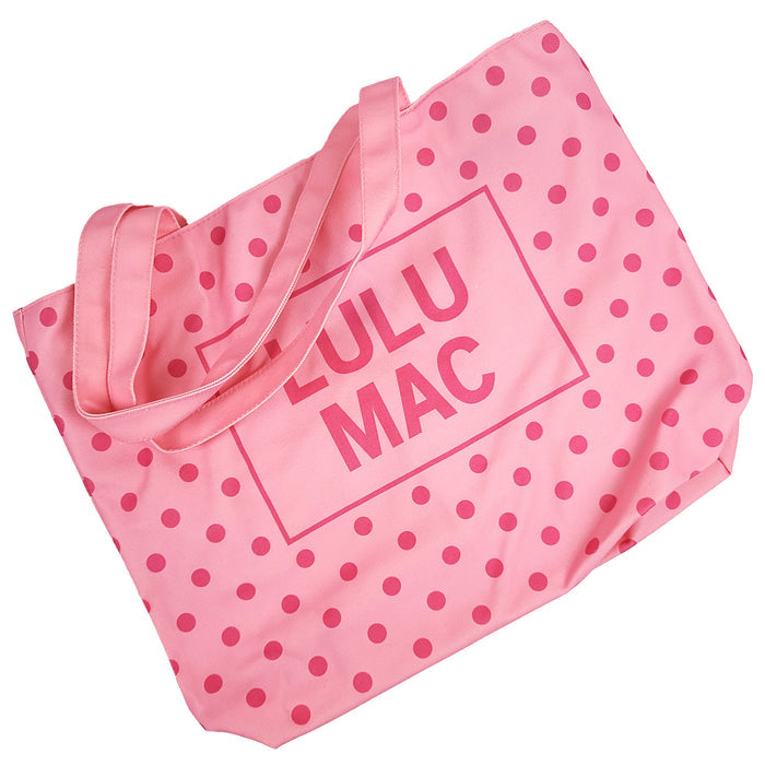 Light Pink/Hot Pink | Light Pink canvas tote bag with hot pink polka dot pattern and 'LULU MAC' branding on a white background