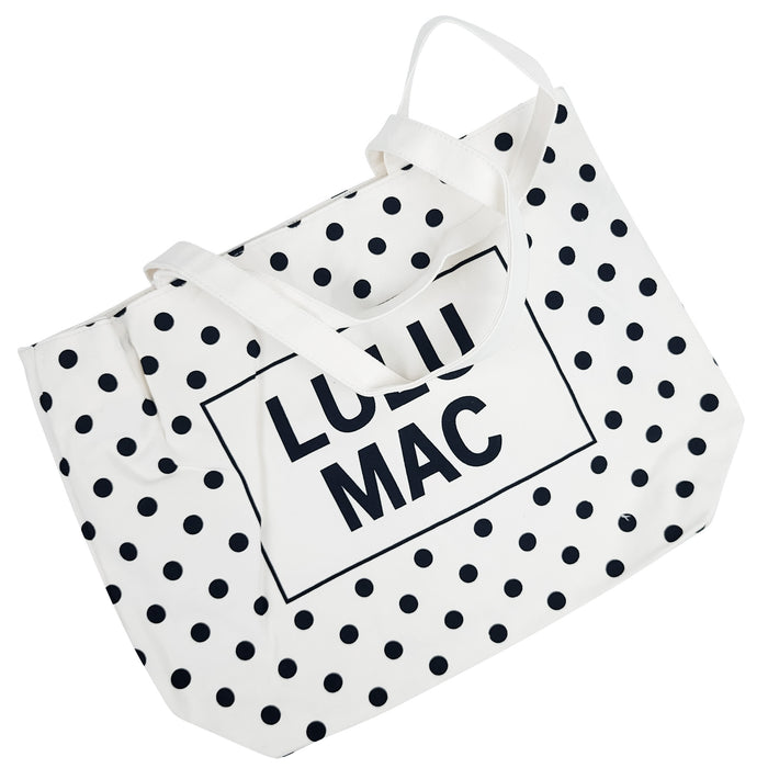 White/Black | White canvas tote bag with black polka dot pattern and 'LULU MAC' branding on a white background