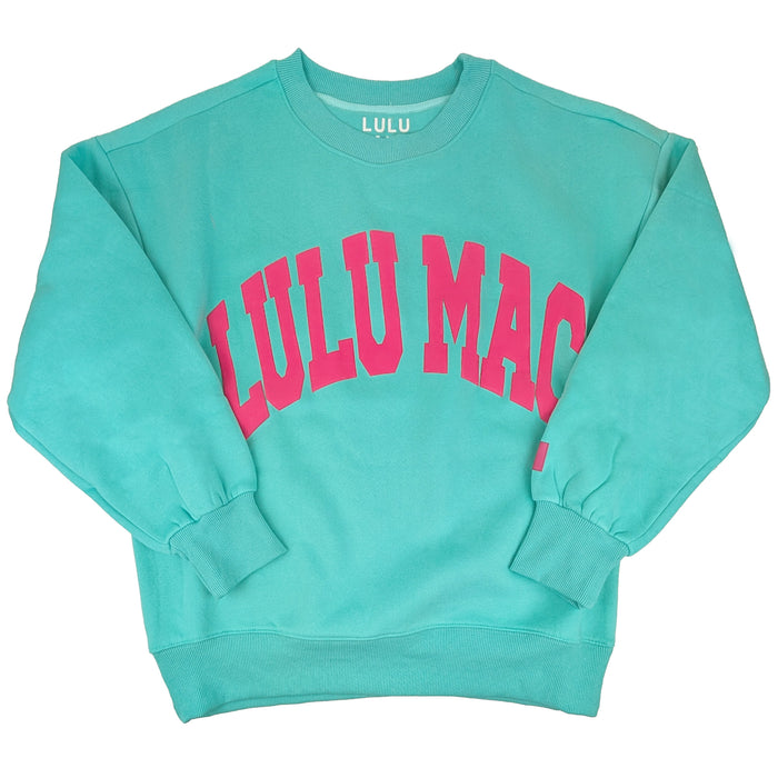 Lulu Mac Puff Crewneck Sweatshirt in Mint and Hot Pink