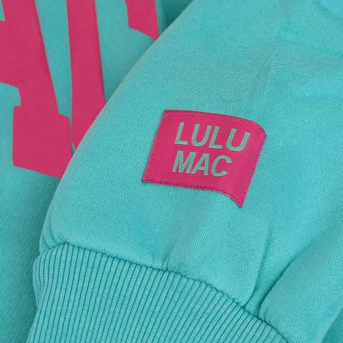 Lulu Mac Puff Crewneck Sweatshirt in Mint and Hot Pink
