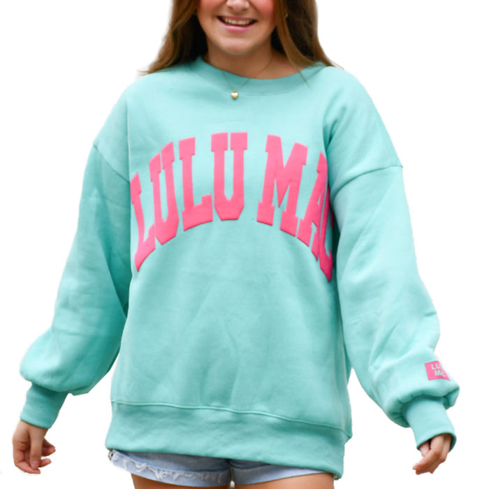 Lulu Mac Puff Crewneck Sweatshirt in Mint and Hot Pink