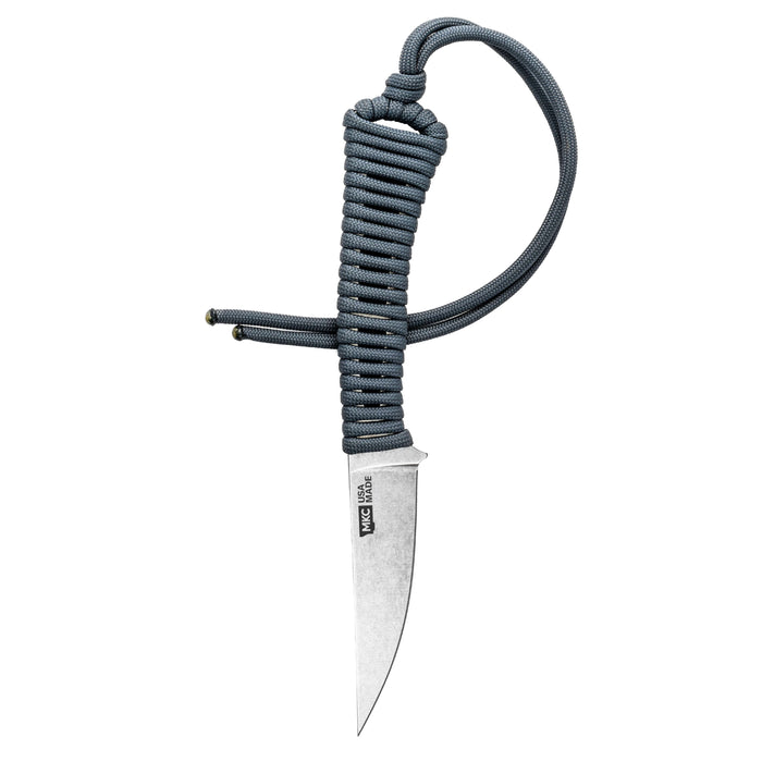 Grey MAGNACUT MINI SPEEDGOAT 2.0 knife with a paracord handle, designed for outdoor and tactical use.