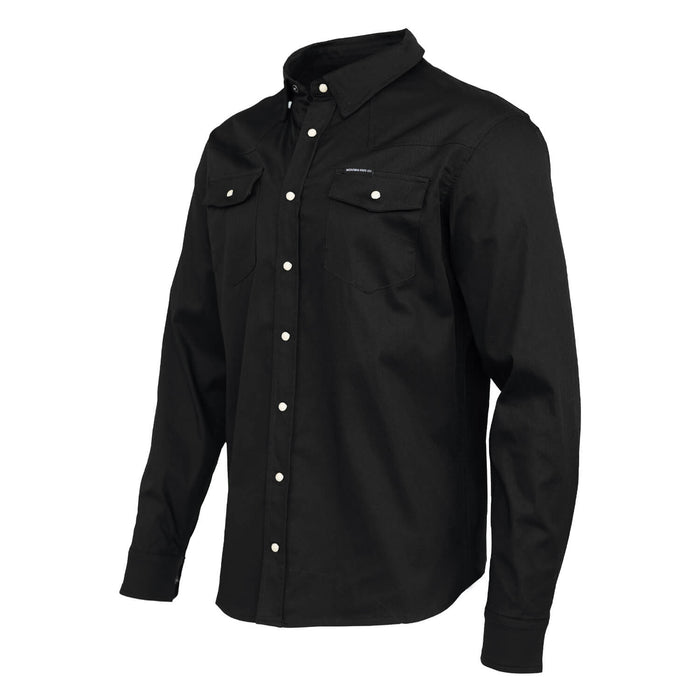 Black long sleeve pearl snap shirt featuring two chest pockets and a classic collar, designed for durability and style.