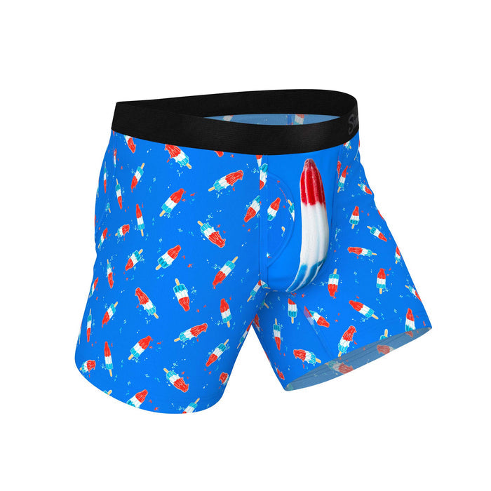 Side view Shinesty Men's red, white & blue pouch underwear with bomb pop graphic. Popsicle print, soft MicroModal blend, quick-access fly, no-ride legs, tagless, silky waistband. Sizes S–XXL.