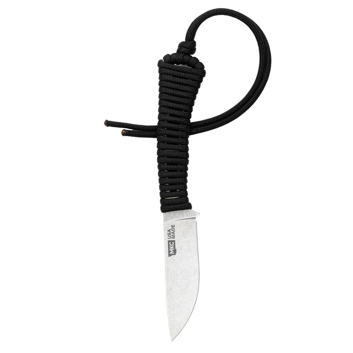 Mini Stoned Goat knife in black with a paracord handle, designed for durability and versatility in outdoor tasks.