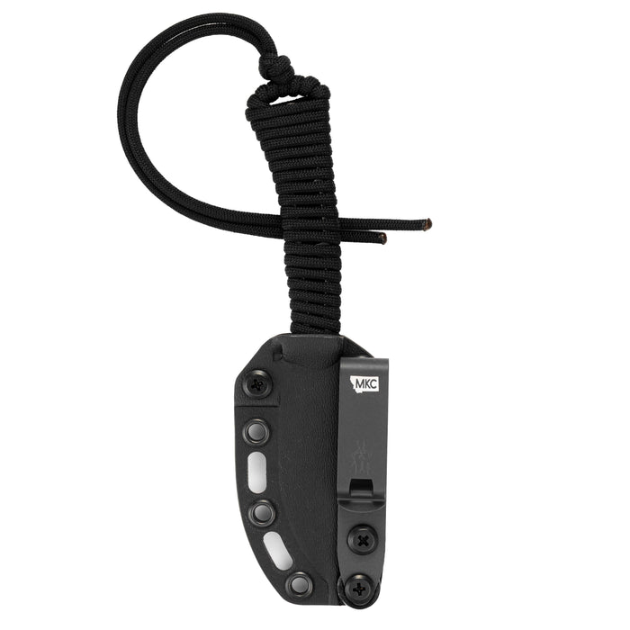 Compact black MINI STONED GOAT knife with a durable sheath and paracord lanyard, designed for outdoor use.