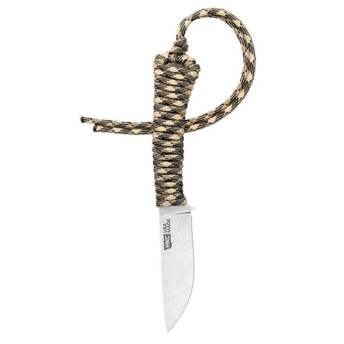 Desert camo fixed-blade knife with a textured handle and a durable paracord lanyard for outdoor use.