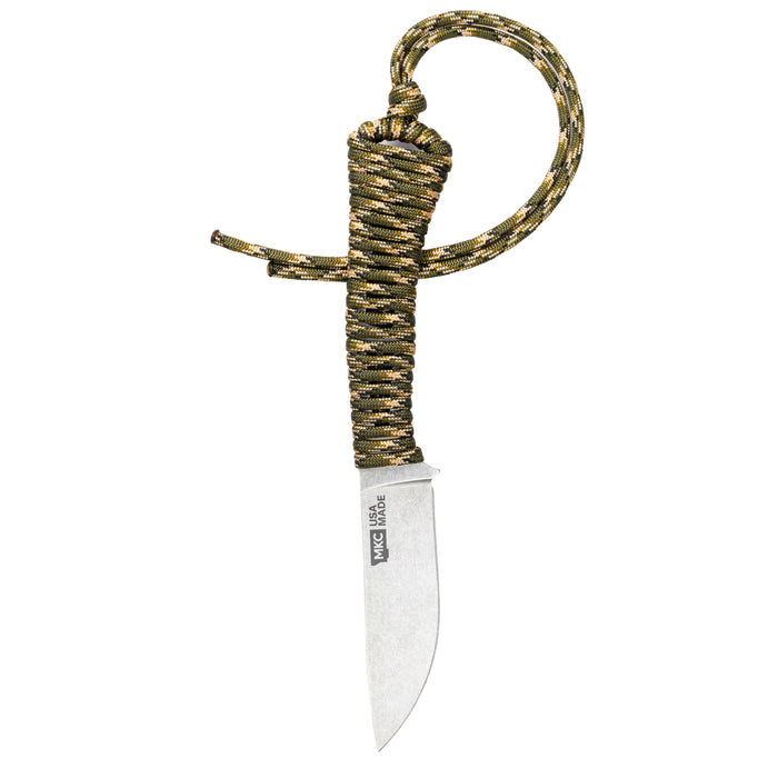 Mini Stoned Goat knife in forest camo with a paracord handle, designed for outdoor and tactical use.