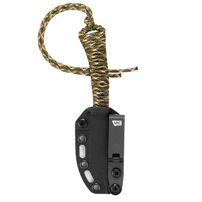 Mini Stoned Goat knife in forest camo with a black sheath and paracord handle, designed for outdoor use.