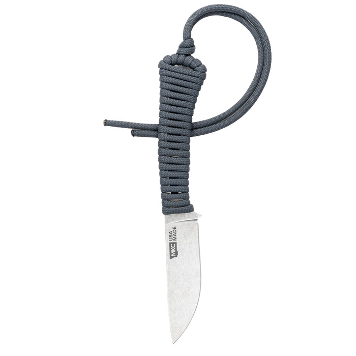 Mini Stoned Goat knife in grey with a paracord handle, designed for outdoor use and everyday carry.