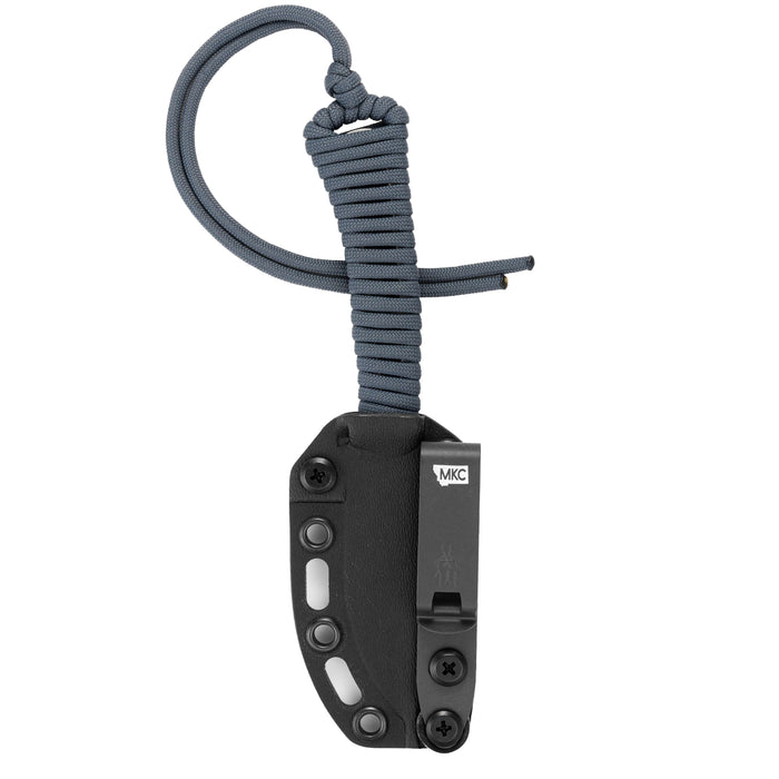 Grey MINI STONED GOAT knife with a durable sheath and paracord lanyard, designed for outdoor and tactical use.
