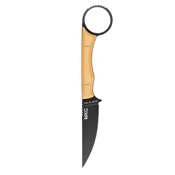 MINI WARGOAT knife with a black blade and orange handle, featuring a unique ring for grip and control.