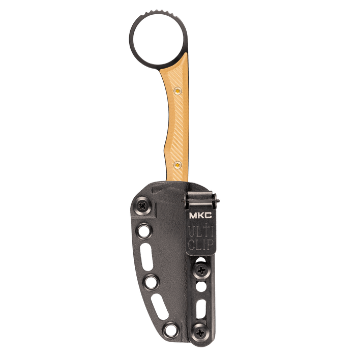 Mini Wargoat knife with a black sheath and a gold handle, featuring an UltiClip for secure carry.